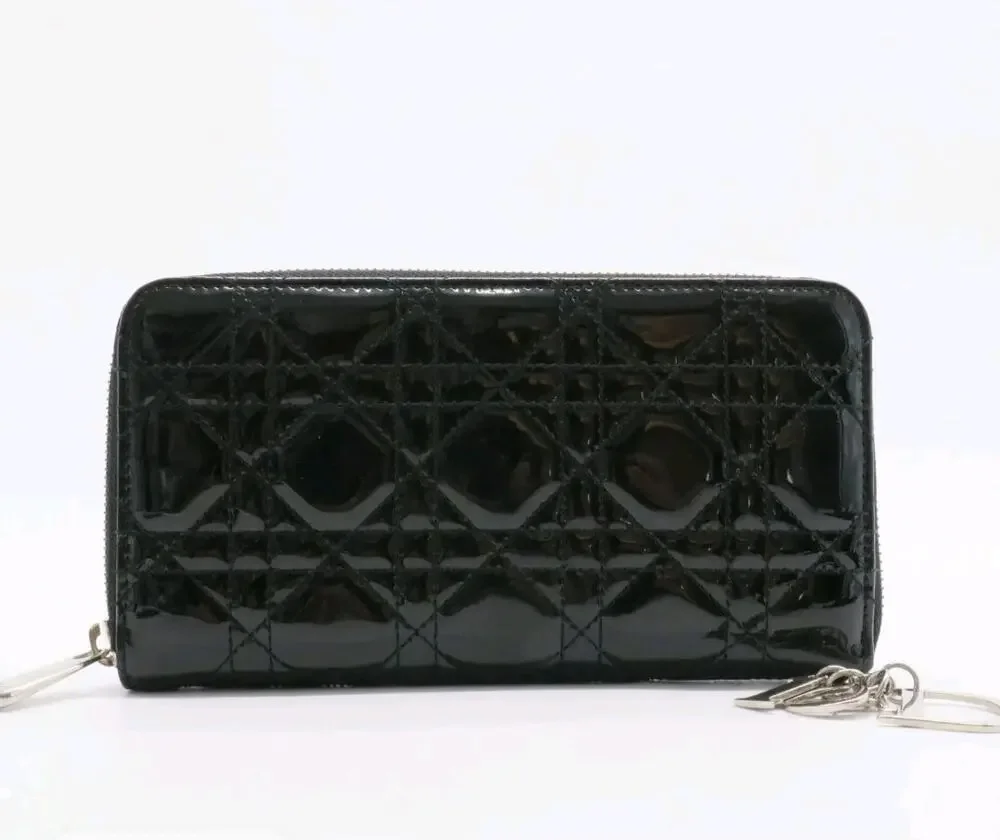 Christian Dior Black Patent Cannage Lady Dior Zip-Around Continental Wallet